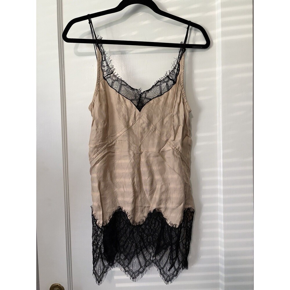 Helmut Lang Medium Viscose Nude Champagne Silk Black Lace Trim Camisole Tank Top